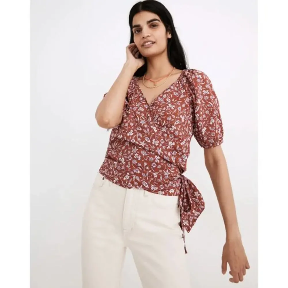 Madewell‎ Puff-Sleeve Wrap Crop Top in Batik Vine weathered brick